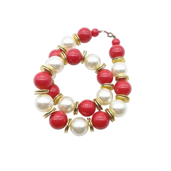 Vintage Red & White Bead Necklace with Gold Tone Accents - Picture 2 of 3
